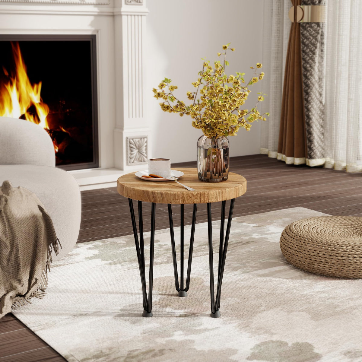 Fun Memories Round Coffee Table - Elm Wood Nesting Table with Metal Legs & Non Slip Feet Base - Rustic Nesting End Tables for Living Room Bedroom