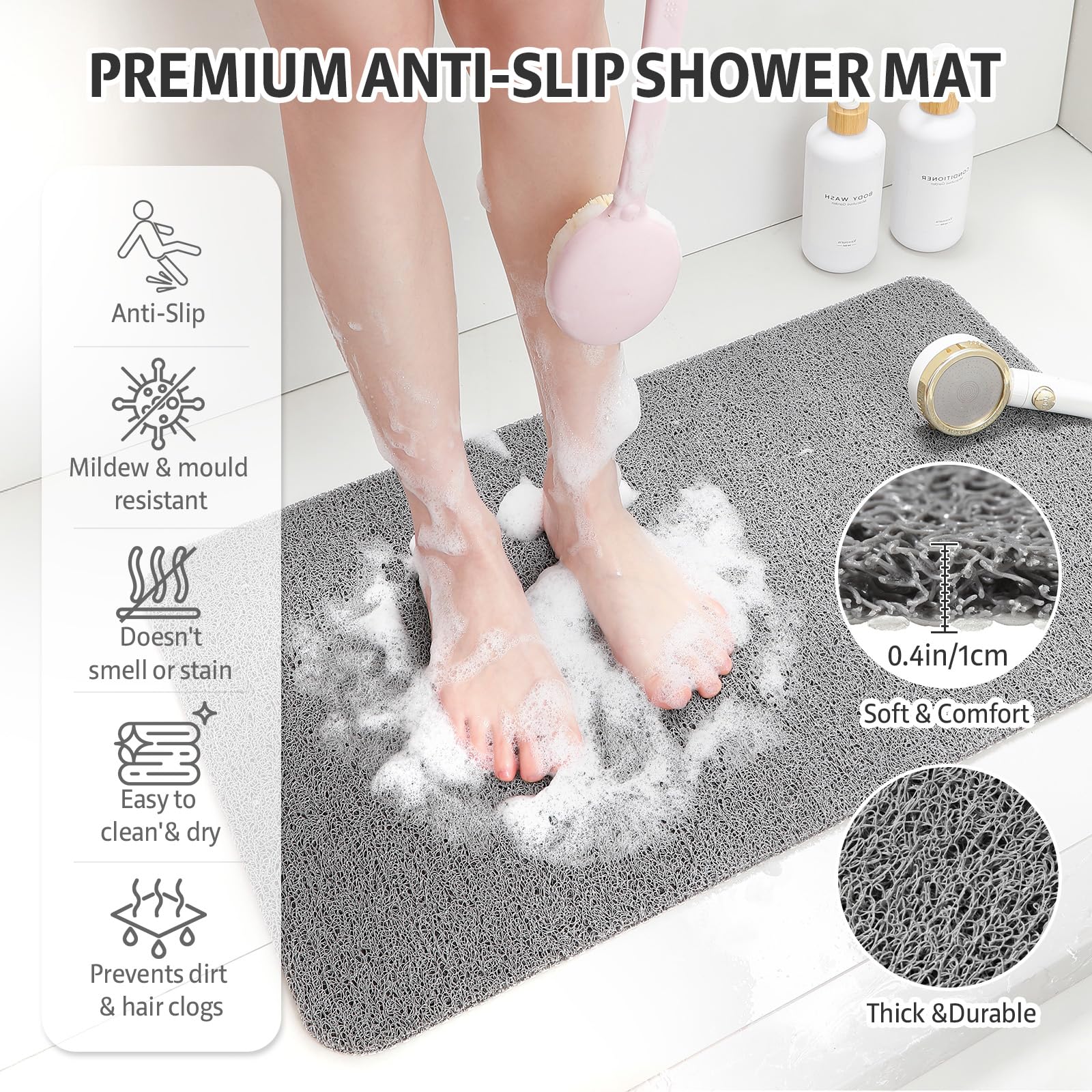 XIYUNTE Soft Shower Mat Non Slip Anti Mould 76 x 43 cm, INCL. Hooks for Drying, PVC Bath Mat Non Slip Anti Mould