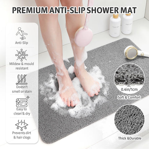 XIYUNTE Soft Shower Mat Non Slip Anti Mould 76 x 43 cm, INCL. Hooks for Drying, PVC Bath Mat Non Slip Anti Mould