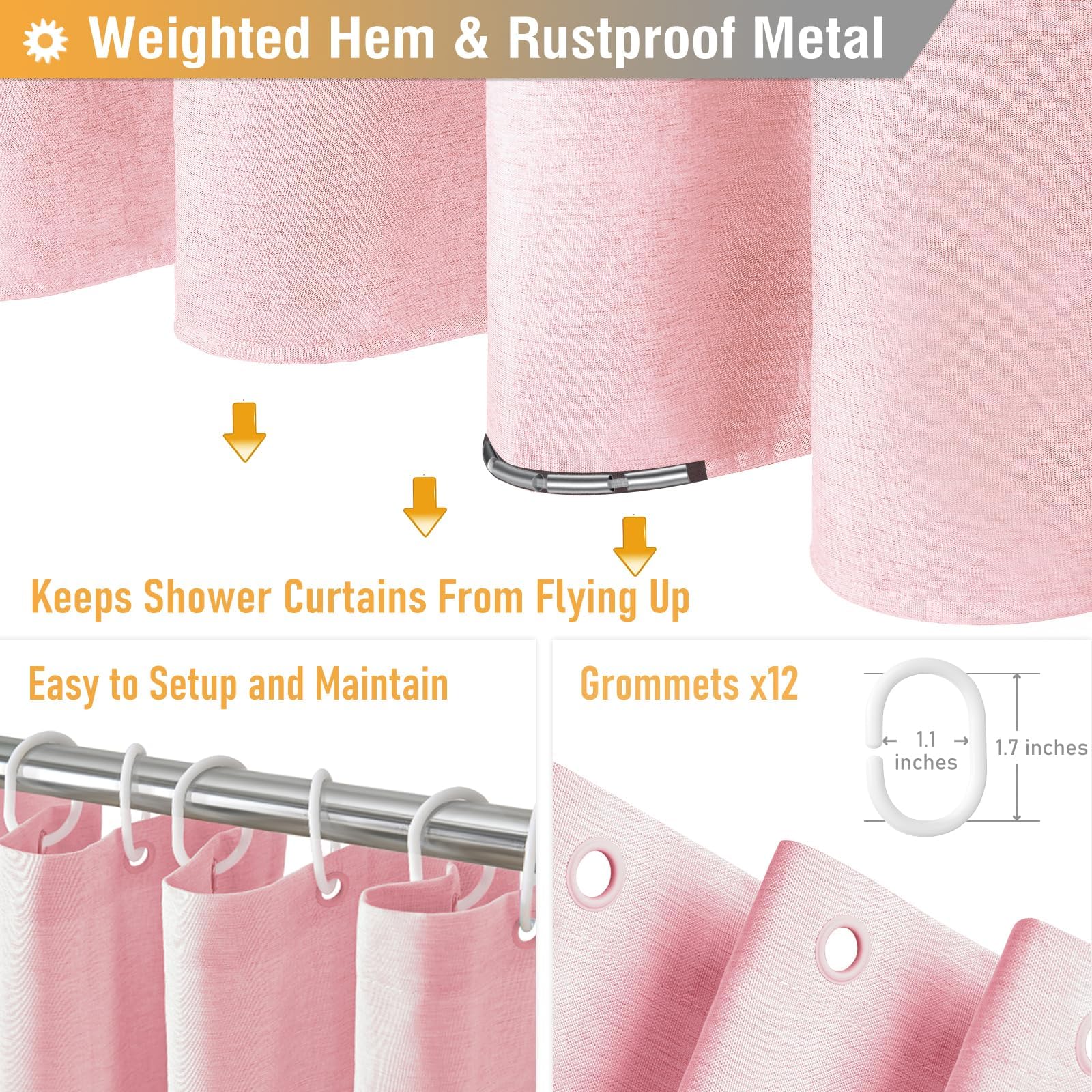 BTTN Extra Long Linen Look Shower Curtain, Waterproof, 182x244cm, Pink