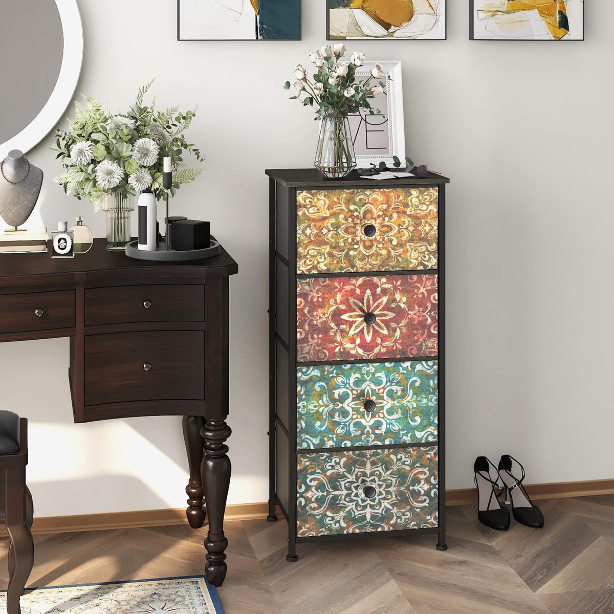 Welfuturer Chest of Drawers with 4 Fabric Drawers Bohemian Print Bedroom Storage Unit Nightstand End Table with Wood Top Metal Frame for Bedroom