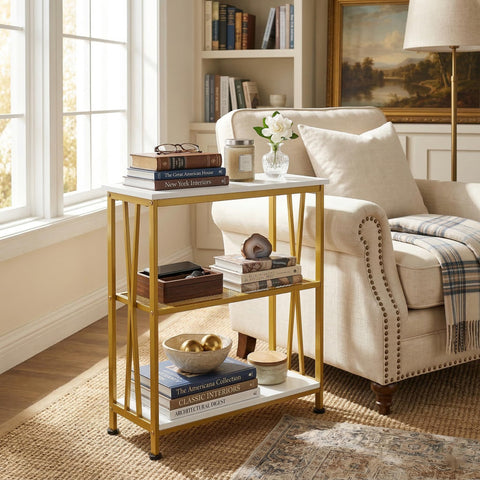 GIOPACO Narrow Side Table,20" Long End Table with 3 Tier Storage Shelves, Small Hallway Table