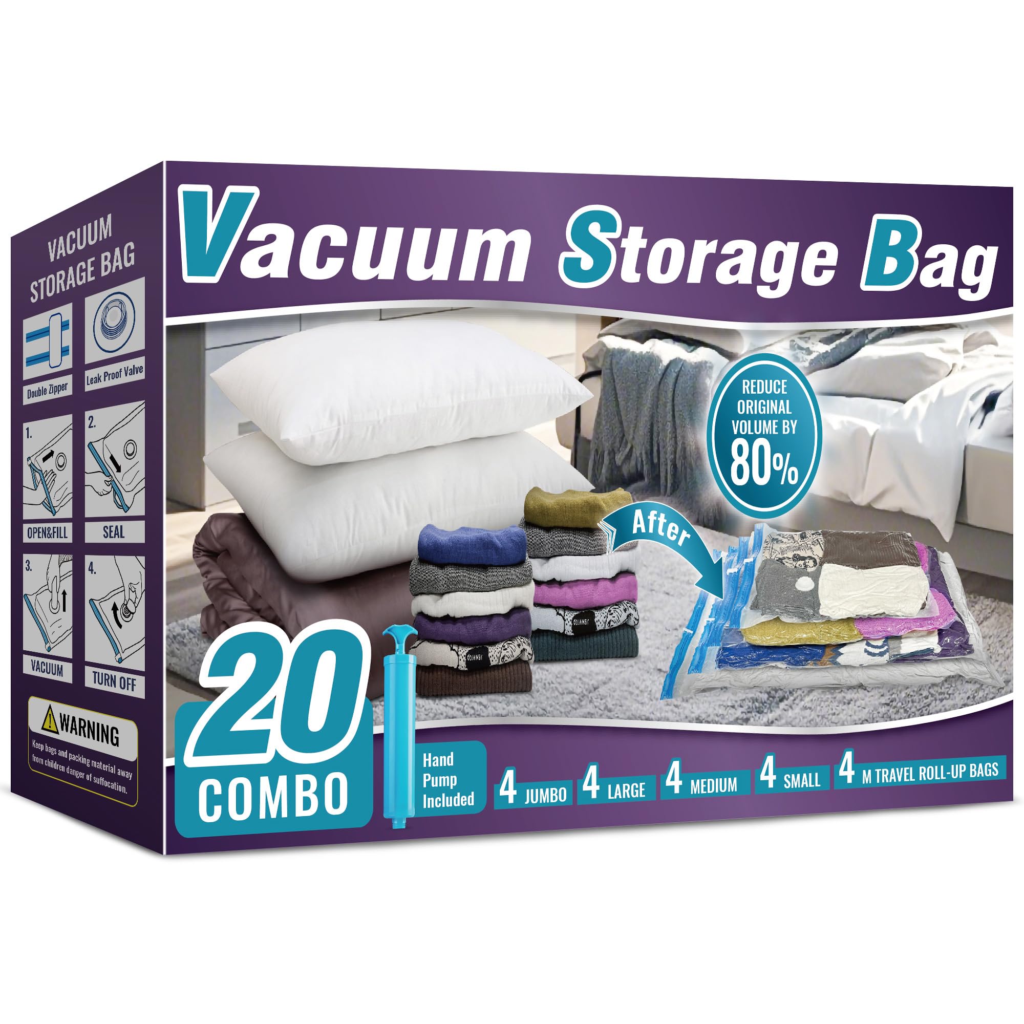Oumaru Vacuum Storage Bags for Clothes, Vacuum Bags, Space Saver Bags for Clothes, Duvets and Pillows, Hand Pump Included, 20 Combos