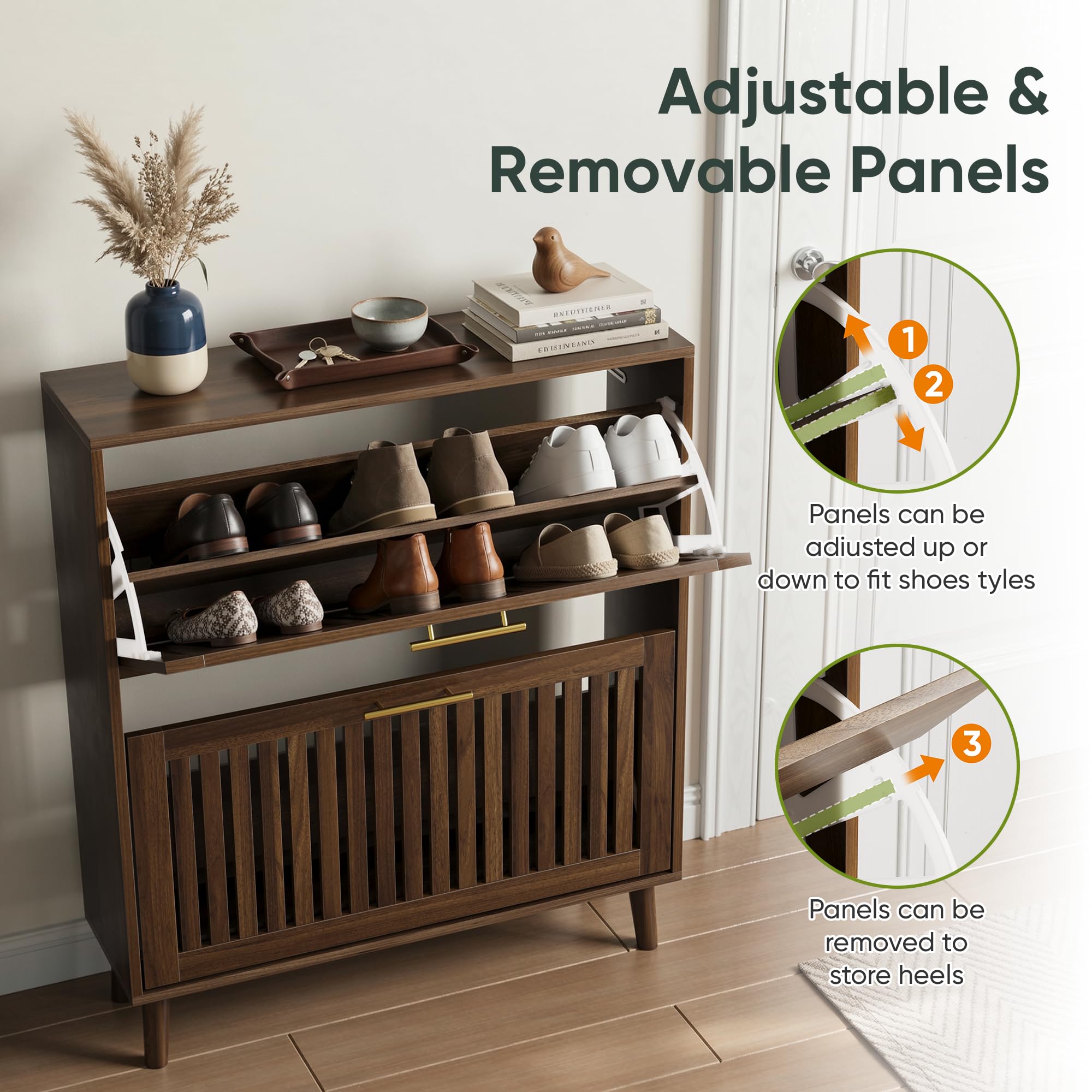 Smart FENDEE Shoe Storage Cabinet with 2 Flip Slatted Drawers, Narrow Wood Shoe Cabinet with Gold Handle, Hidden Entryway Shoe Organizer for Hallway