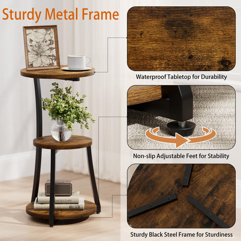 JUSTOGO Small Round Side Table, 3-Tier End Table for Small Spaces