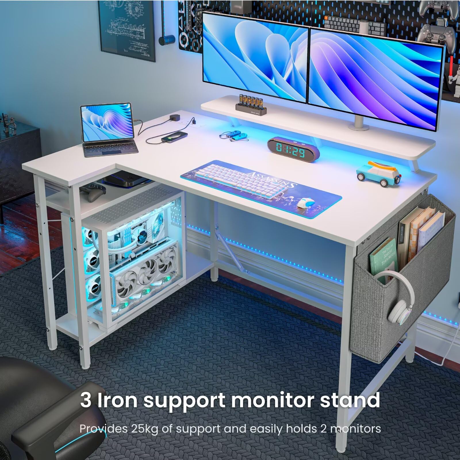 DOMSHOCT L Shaped Gaming Desk with LED Lights & Power Outlets, 100 * 80cm Small Corner Computer Table with Storage Bag & Adjustable Shelves & Large
