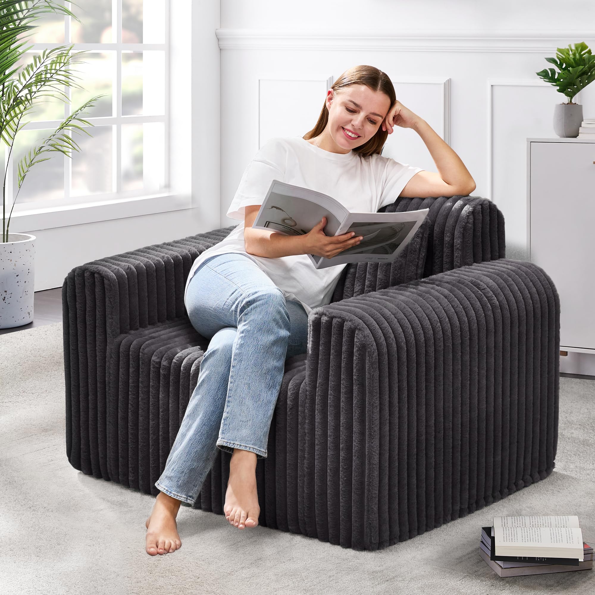 Hobestluk Single Foam Sofa with Pillows Comfy Furry Couch for Small Spaces