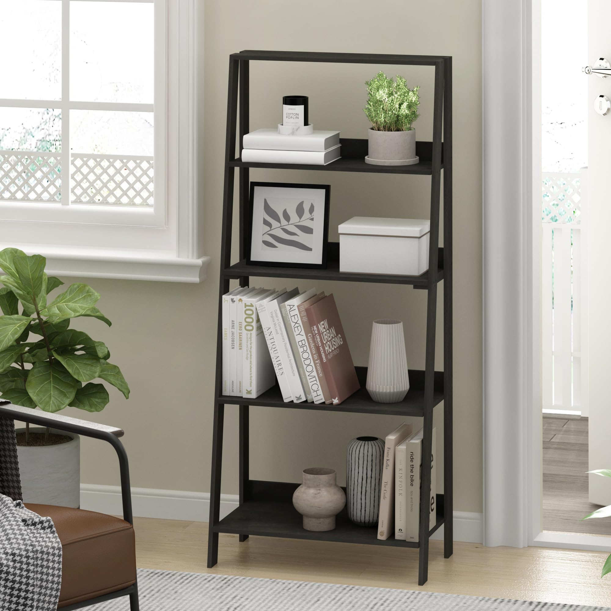 Furinno LADDER Book Shelf, 5-Tier Ladder Shelf, Bookshelf, Display Storage Shelves, 13 x 23.6 x 53.5, for Living Room, Home Office, Espresso