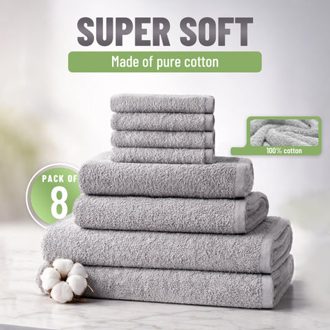 NatureMark 8-Piece Terry Towel Set with Various Sizes – 4 Guest Towels, 2 Hand Towels, 2 Bath Towels | Colour: Silver Grey | 100% Cotton