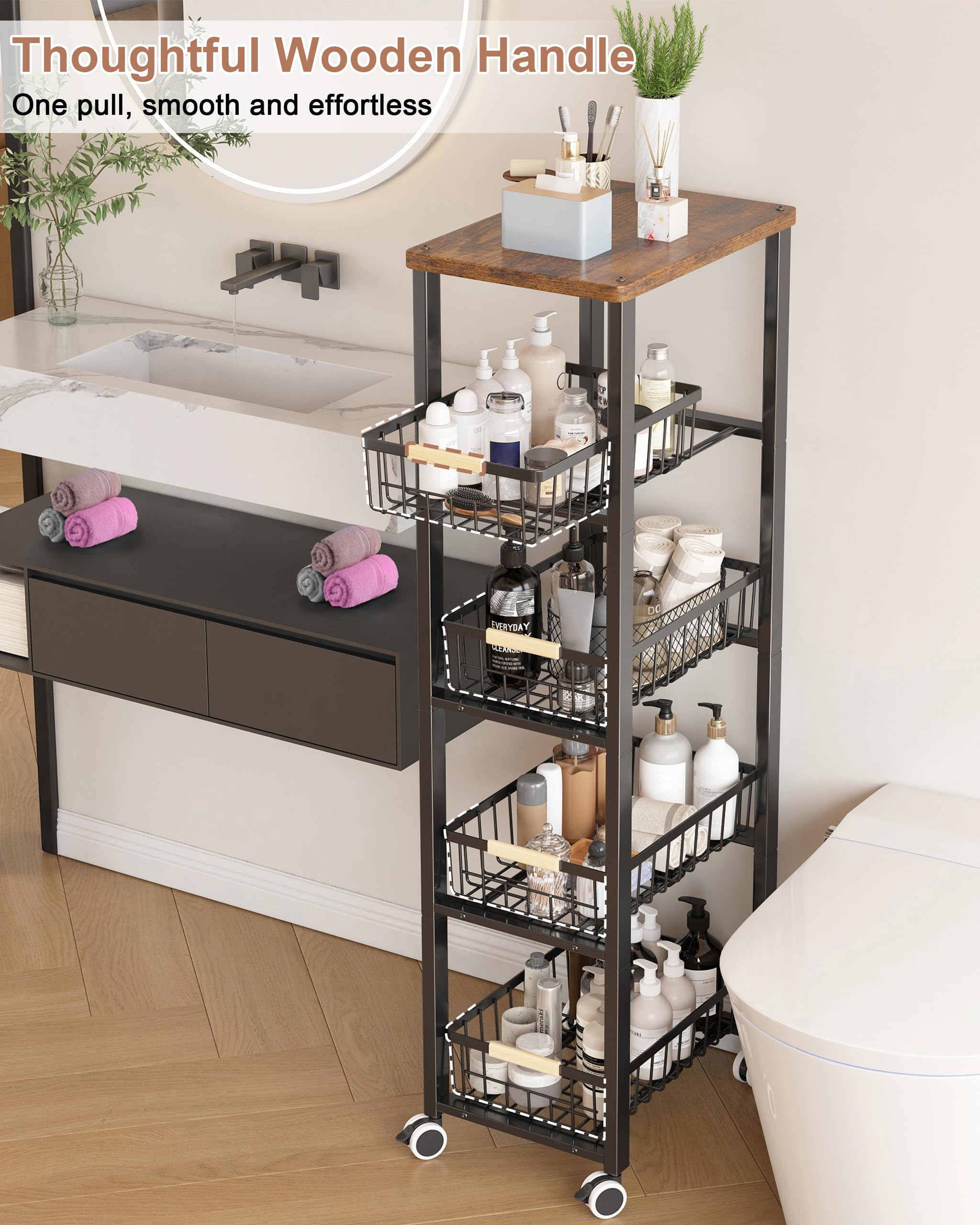 Ornestia 5-tier Vegetable Rack with Wooden Top for Kitchen Storage（Black