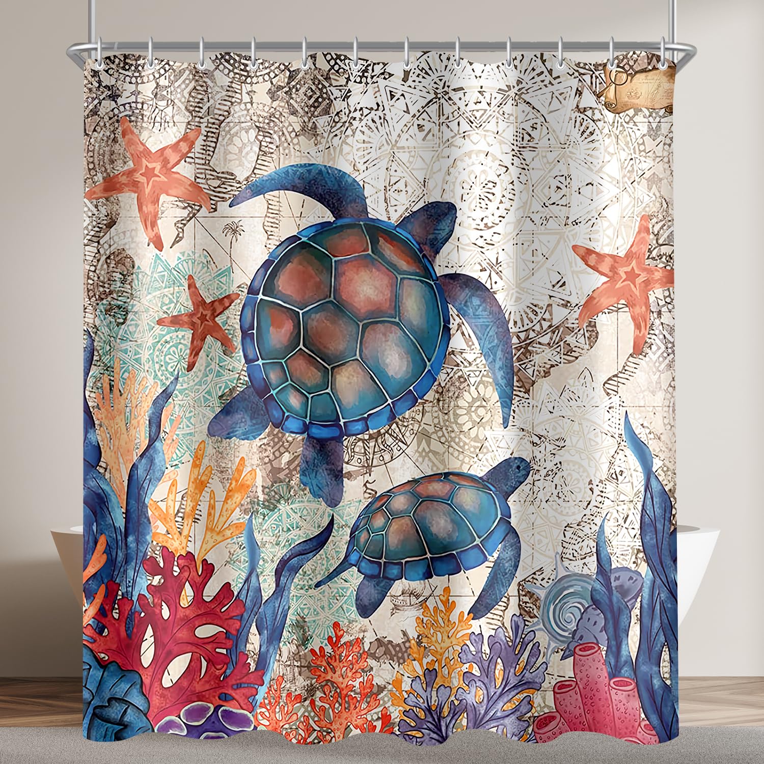 Lerores - Shower Curtain 240 x 200 cm, Anti-Mould Turtle Star Textile, Weighted Bottom