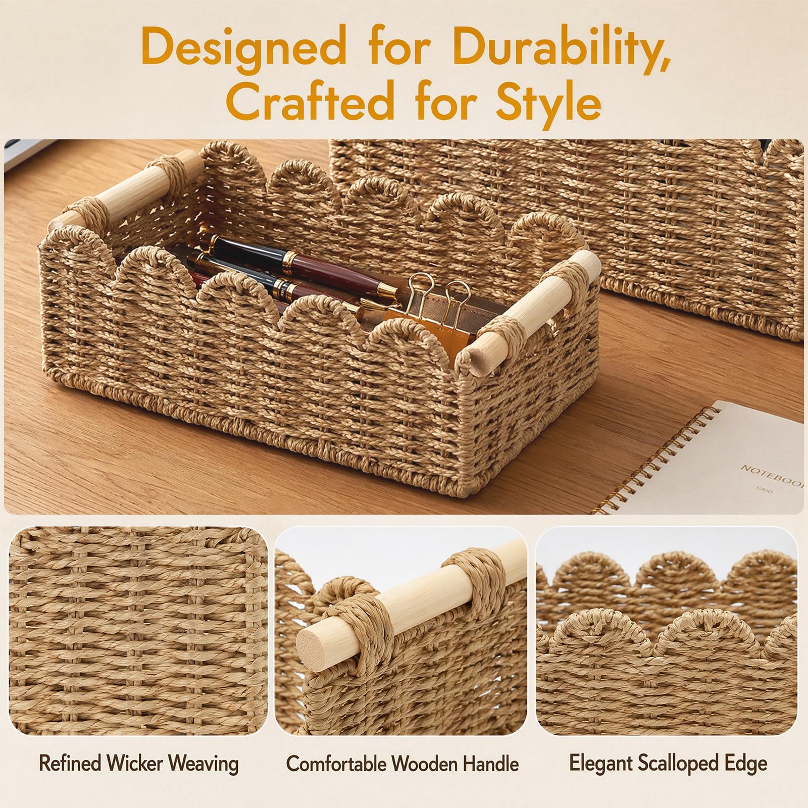 2 PCS Rattan Scalloped Basket, Wicker Storage Basket for Countertop Shelves with Wooden Handles