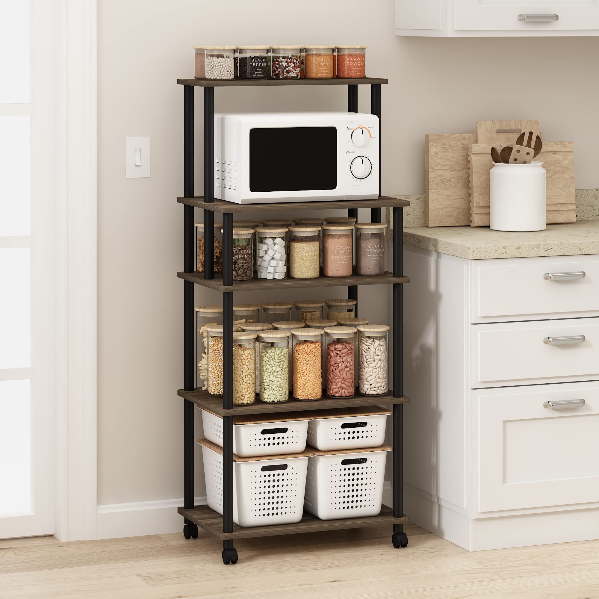Furinno TURN-N-TUBE Bakers Rack with Wheels, 5-Tier Kitchen Storage Cart, Kitchen Cart, Coffee Bar, Pantry Organizers and Storage, Columbia Walnut