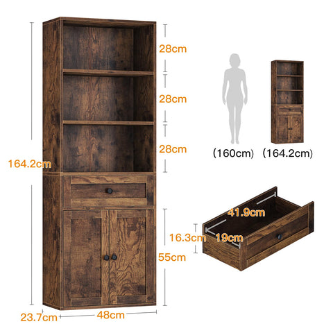 Coleshome 5-Tier Bookcase With Doors and Drawer, 48 x 24 x 164.2 cm, Brown