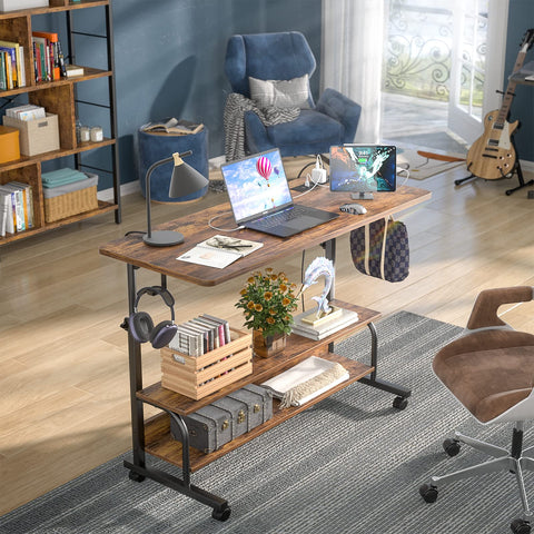 iSunirm Rolling Standing Desk with UK Power Outlets & USB, Height Adjustable Desk on Wheels, Small Portable Desk for Home Office