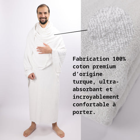Ihram Hajj and Omra Adult 1350grame - Set of 2 Thick White Towels - 110 x 220 cm - Made from 100% Natural Cotton of Turkish Origin