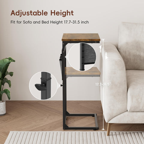 Vagusicc C-Shaped Side Table, Height Adjustable Sofa Side Table, Bedside Table with Cloth Storage Bag, C Table, End Table for Small Spaces