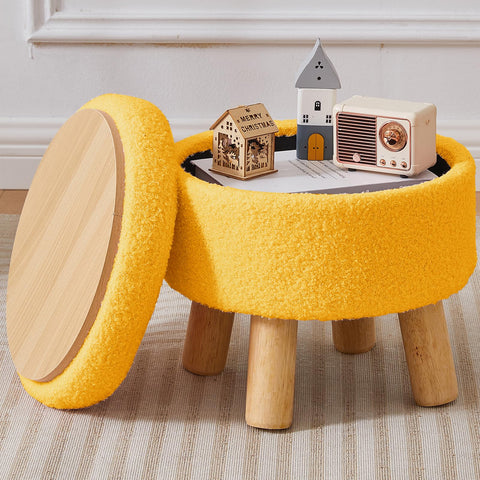 BRIAN & DANY Footstool with Storage, Small Storage Ottoman, Teddy Fleece Round Stool with Lid, Sherpa Foot Stool with Legs for Living Room Entryway
