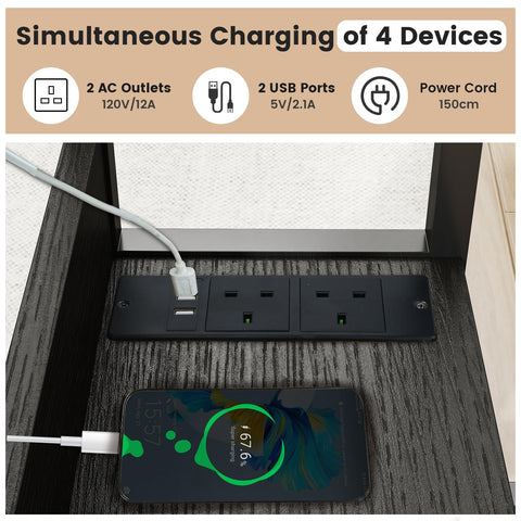 Hadulcet c shaped side table, sofa table with Charging Station, Adjustable Height, c table end table with Storage Space for Living Room, Bedroom