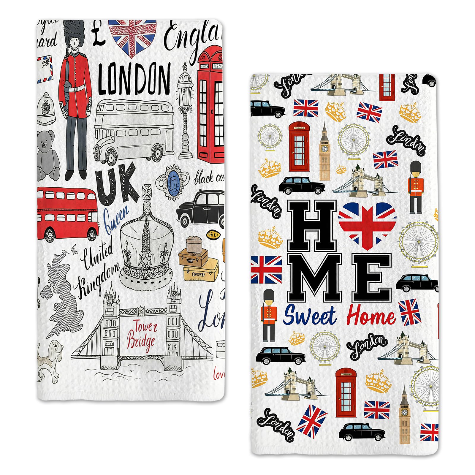 Nevicor 2 Pcs London Tea Towels, Travel London Souvenirs Gifts Kitchen Towels, Absorbent Microfiber Kitchen Hand Towels with Iconic Landmark Design