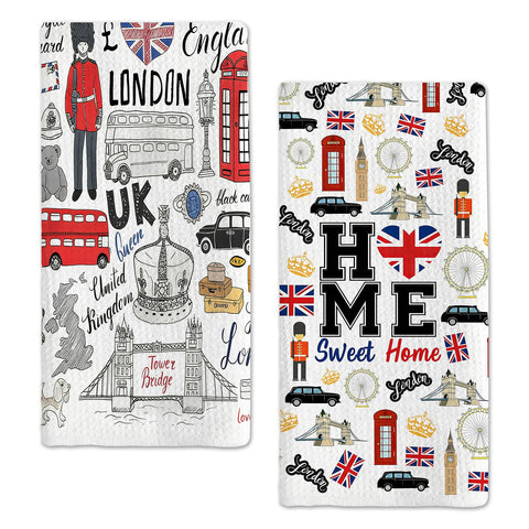 Nevicor 2 Pcs London Tea Towels, Travel London Souvenirs Gifts Kitchen Towels, Absorbent Microfiber Kitchen Hand Towels with Iconic Landmark Design