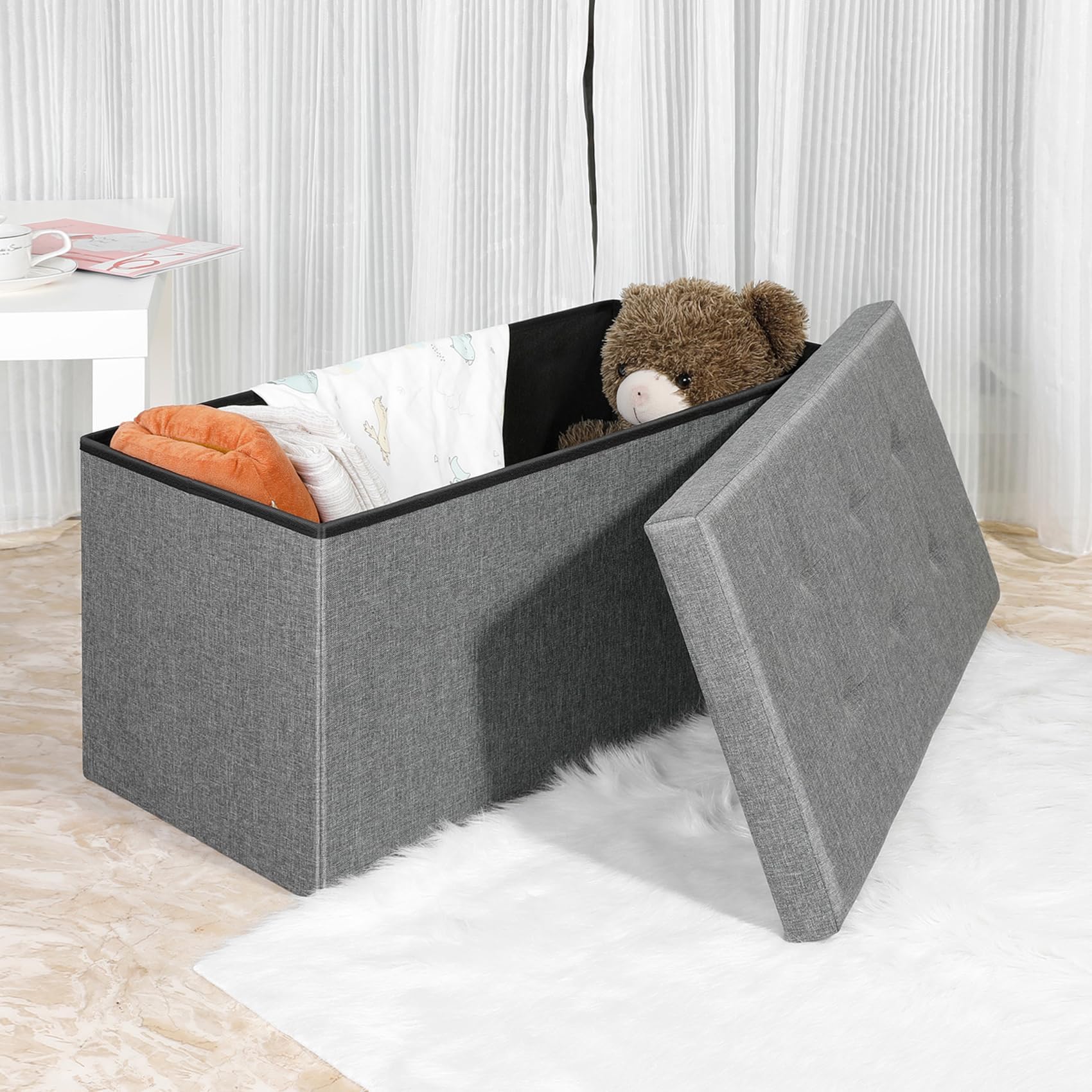Bonlife Large Folding Grey Ottoman Storage Box with Lid,Linen Footrest Stool Bedroom Bench Seats,Toy Box Chest Living Room Furniture 76x38x38cm
