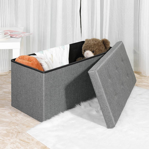 Bonlife Large Folding Grey Ottoman Storage Box with Lid,Linen Footrest Stool Bedroom Bench Seats,Toy Box Chest Living Room Furniture 76x38x38cm