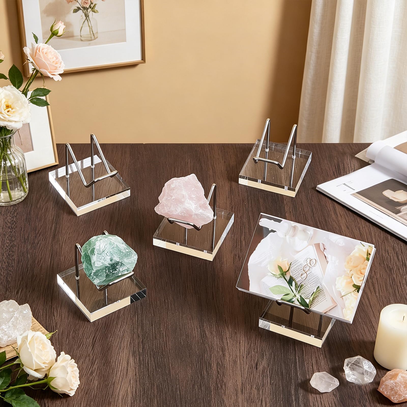 TWINKLEMON 12 Pcs Crystal Display Stand, Rock Display Holder, Crystal Holder with Acrylic Pedestal Base and Metal Arms