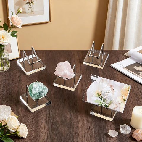 TWINKLEMON 12 Pcs Crystal Display Stand, Rock Display Holder, Crystal Holder with Acrylic Pedestal Base and Metal Arms