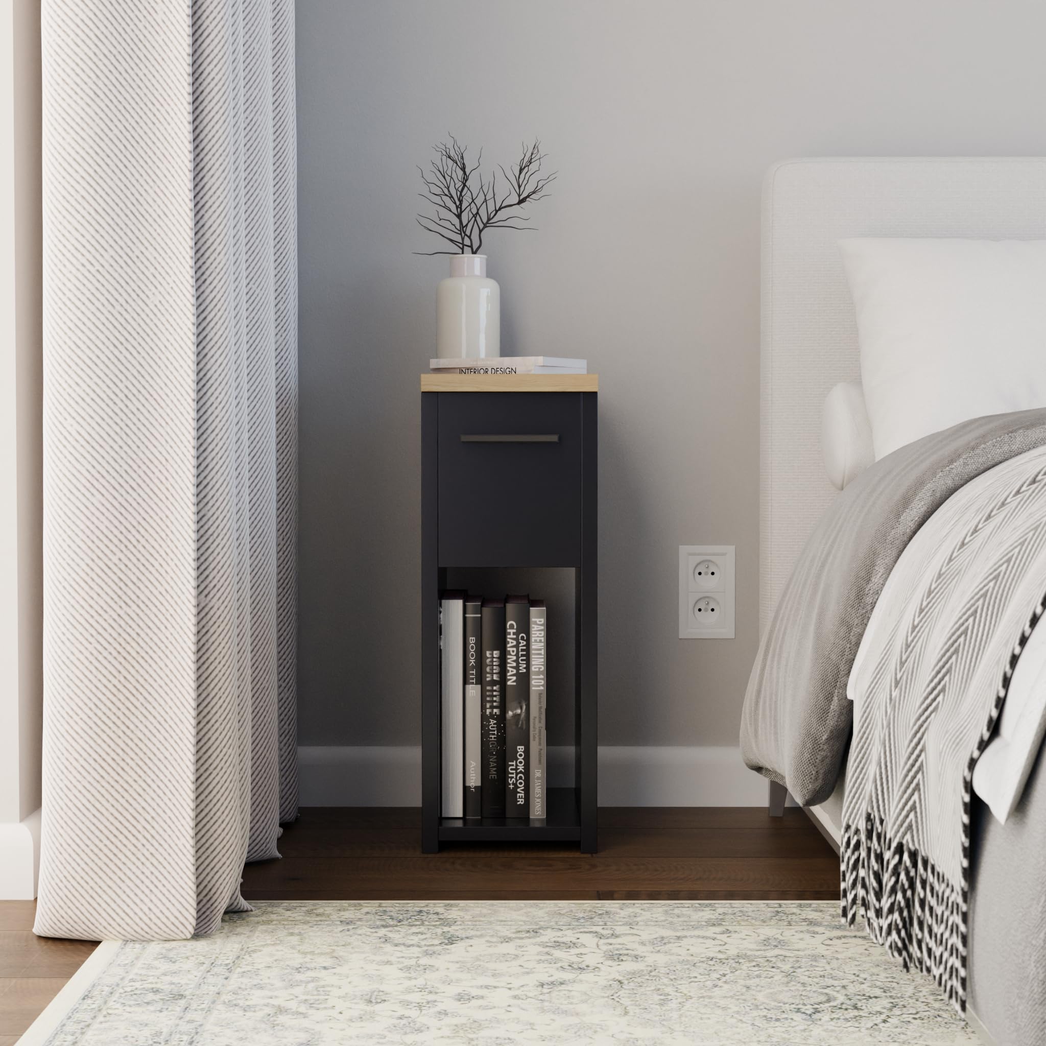 ComfortCove Narrow Bedside Table with Storage Shelf & Handle, Black/Oak