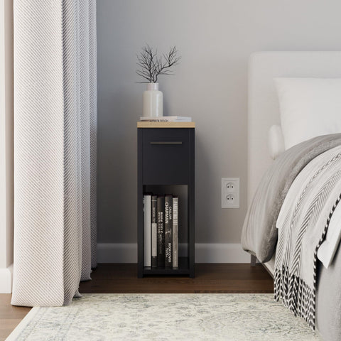 ComfortCove Narrow Bedside Table with Storage Shelf & Handle, Black/Oak