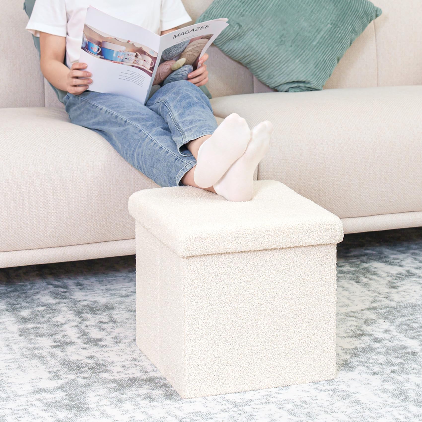 Bonlife Boucle Ottoman Storage,Foot Rest Stool Seat,Folding Footstool for Living Room,Sherpa Ottoman for Bedroom,Cream,40x40x40cm