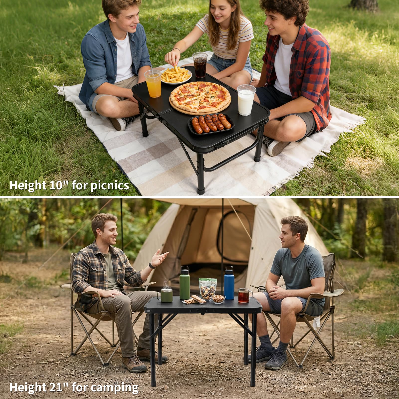 Bingyouth 2ft Small Folding Table 60x40cm, 26/55cm Adjustable Height Portable Camping Table