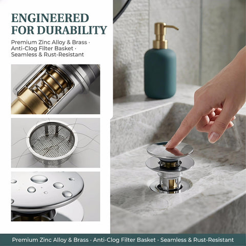 AQRNKK Pop up Sink Plug with Drain Strainer, Brass Bounce Core Push Drain Plug, Suitable for 1.18'' to 1.81'' (30-46mm), a Depth ＞50mm