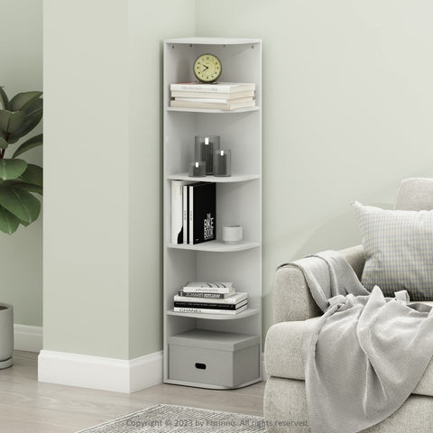 Furinno PASIR Book Shelf, 5-Tier Corner Bookshelf, Open Shelves Bookcase 9.3 x 12 x 51.7, for Living Room, Bedroom, Home Office, White