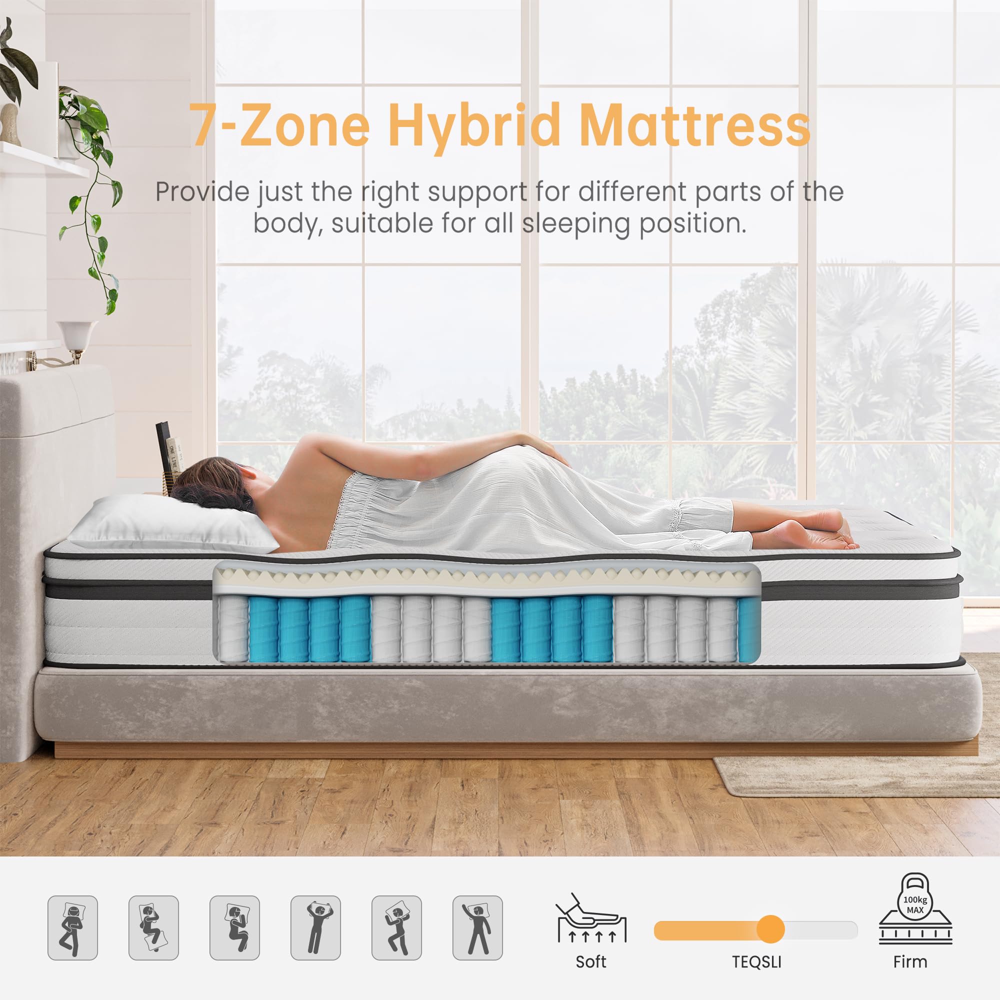 TeQsli Single Mattress 3FT Memory Foam Spring Hybrid Mattress 22CM