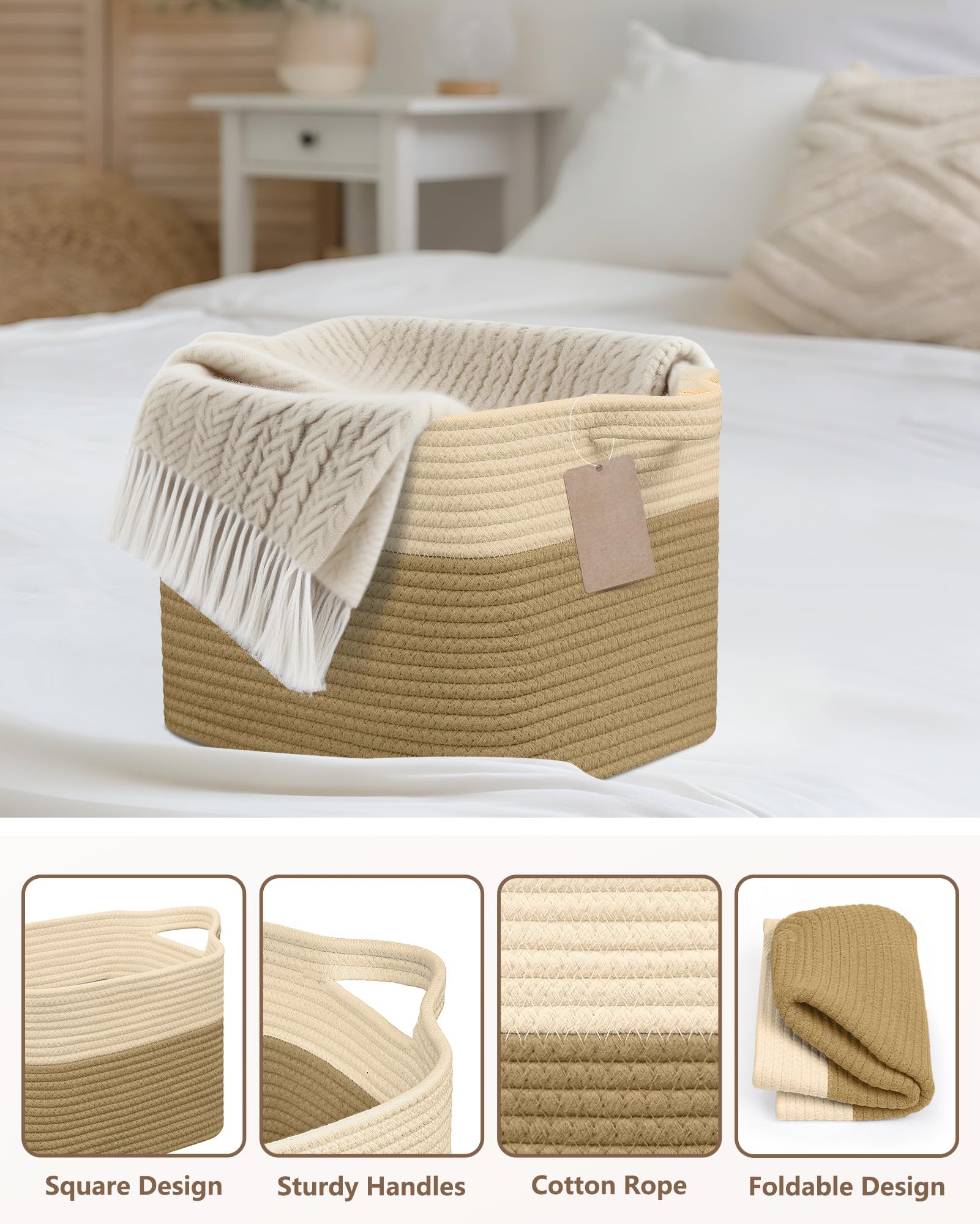 JOJOSEE Small Cotton Woven Storage Basket for Shelves, Beige&Brown, 3PCS