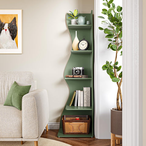 LITTLE TREE Small Corner Shelf, Modern 5-Tier Wall Corner Bookshelf, Stylish Bookcase Storage Rack for Small Space, Living Room, Bedroom Green