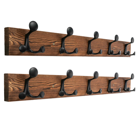 HONSKY Wall Mounted Coat Rack, 76cm Rustic Brown, 5 Black Sturdy Aluminium Alloy Triple Hooks(15 Hanging Points), Wall Coat Hanger for Entrance Hall