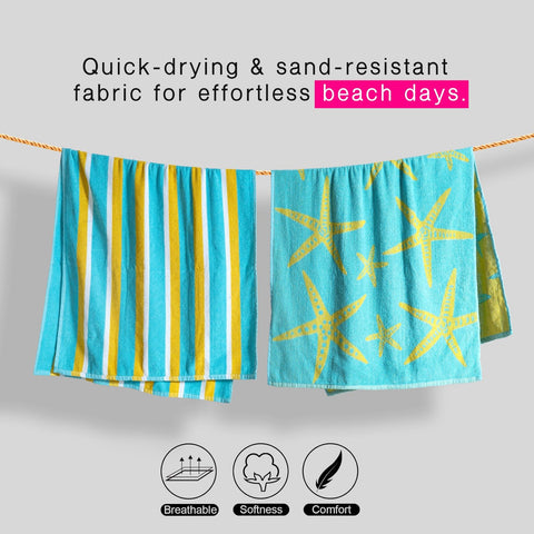 CASA COPENHAGEN Miami bath towels, set of 2, made of cotton, quick-drying and durable, 88 x 177 cm - Starfish Teal + Yellow striped