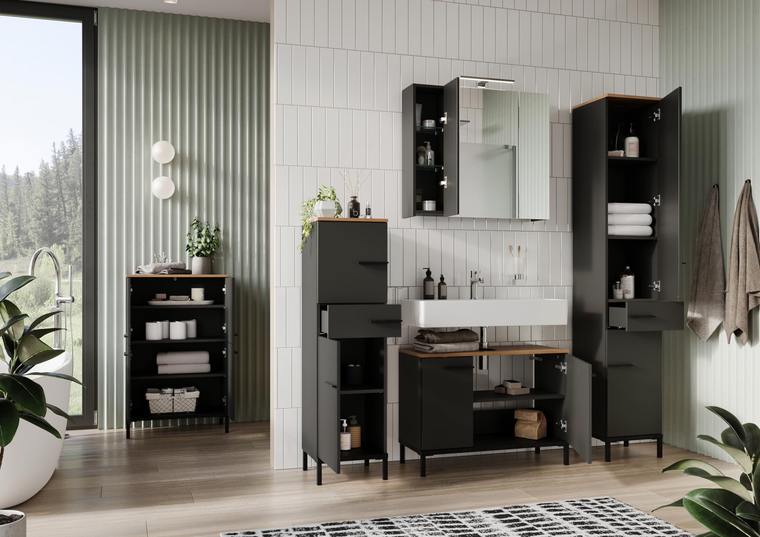 Germania Cabinet 2646-549 GW-YONKERS, in graphite/Navarra oak repro, with soft-close doors, 34 x 190 x 34 cm (WxHxD)