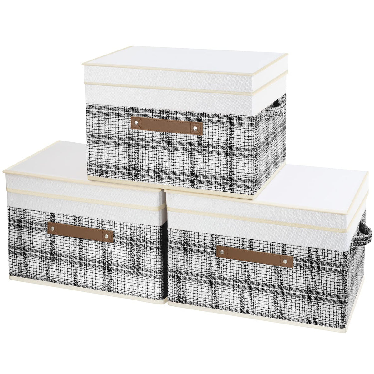 TYEERS Collapsible Storage Box with Lid, Patchwork Design, Decorative, Fabric Storage Box for Clothes, Wardrobe Storage, 38x25x25 cm, Set of 3, Grey