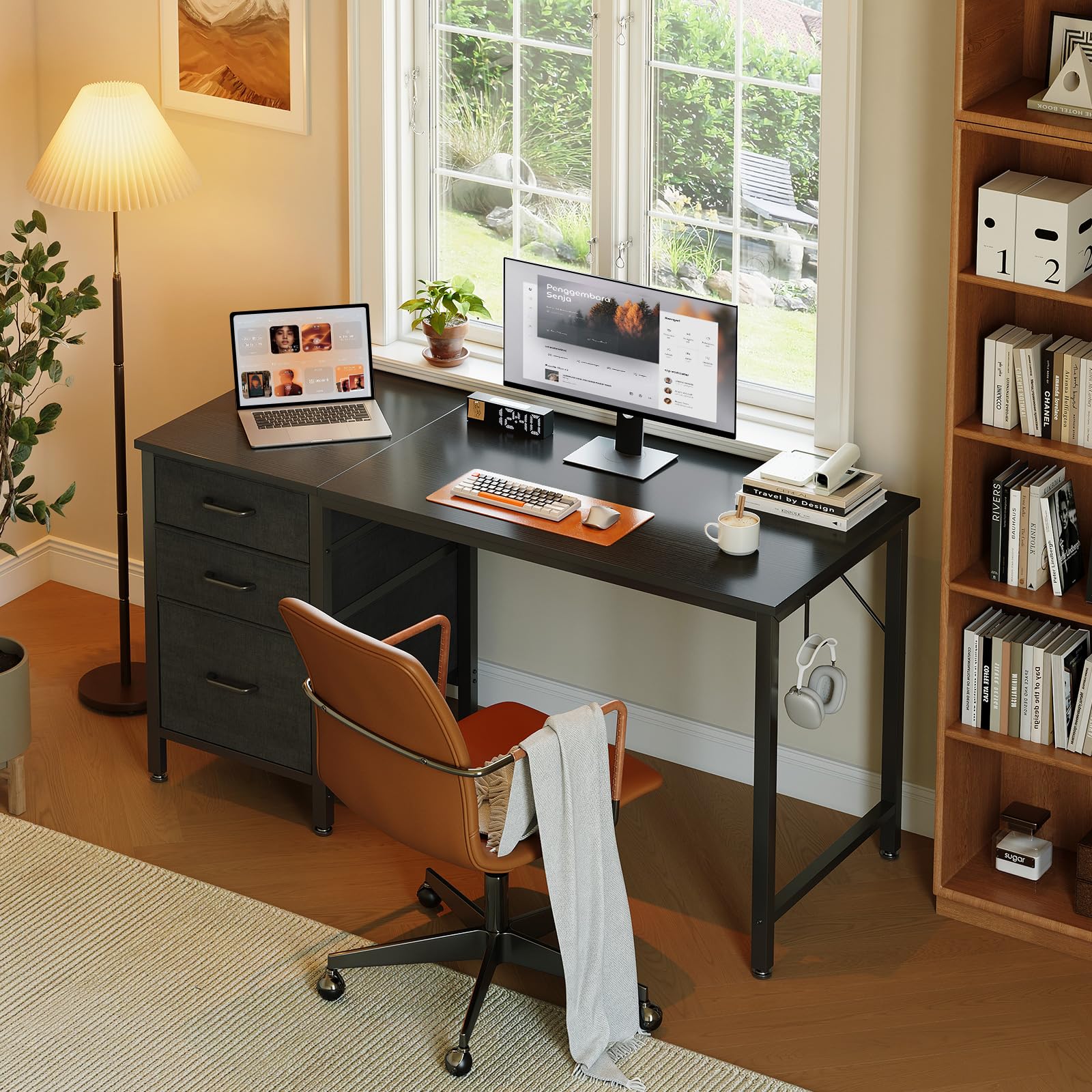 Coleshome Computer Desk with Drawers, 120cm Office Desk with Storage, Black