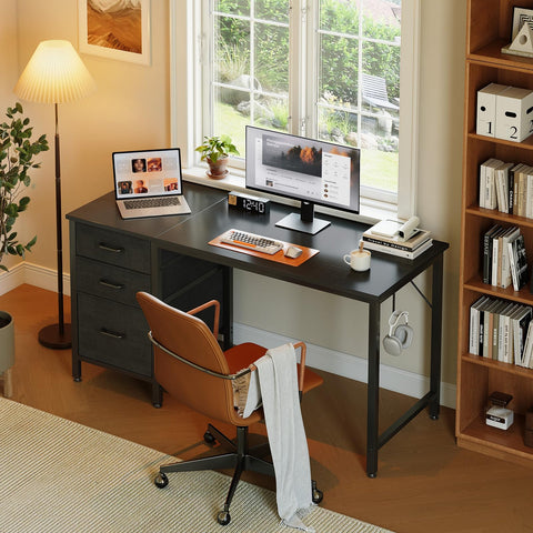 Coleshome Computer Desk with Drawers, 120cm Office Desk with Storage, Black