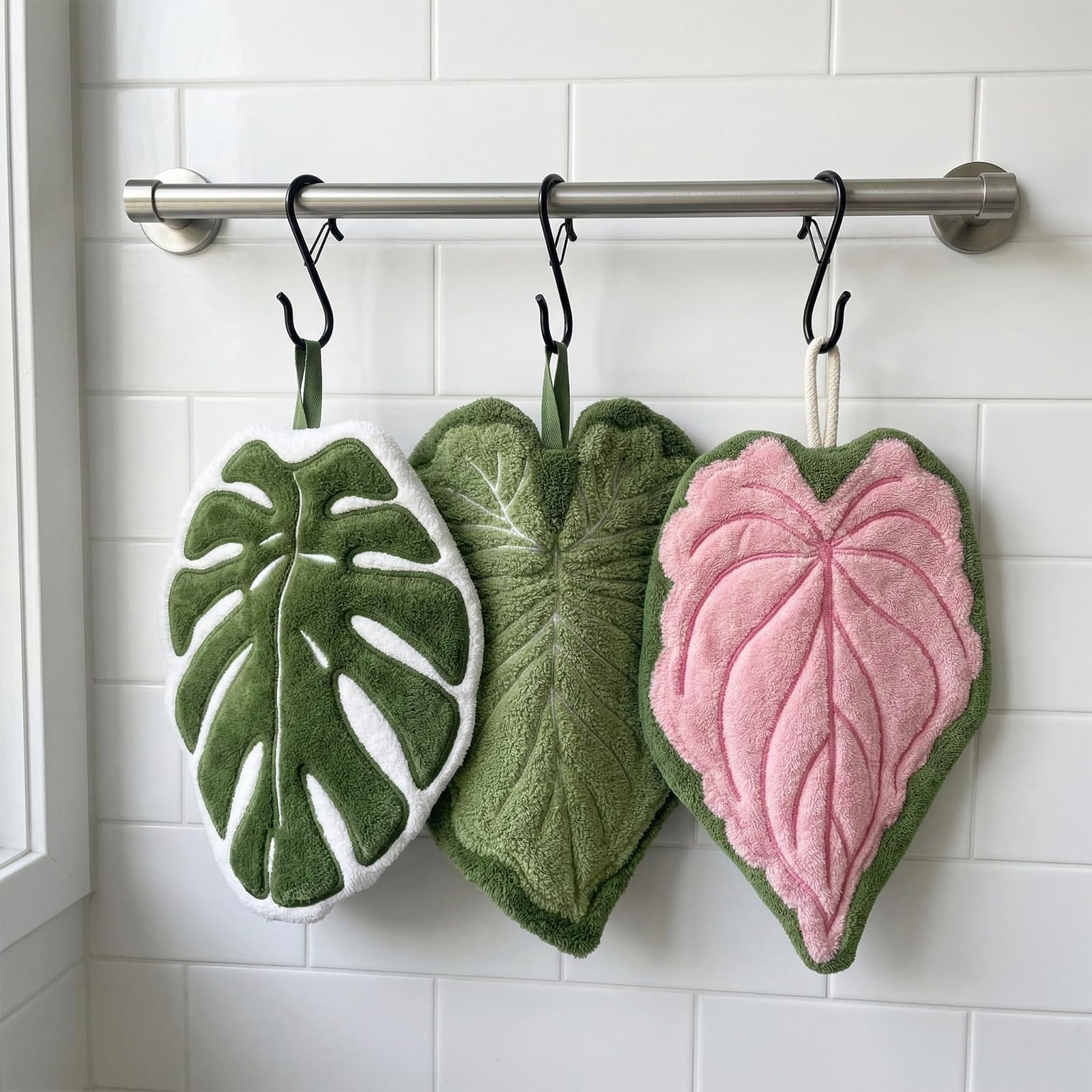 FloralGrace Kreative Blatt Towels 3-Piece Set Hanging Kitchen Cloths, Cute Coral Fleece Tropical Plant Fabric, Absorbent, Quick Drying, And Lint-Free