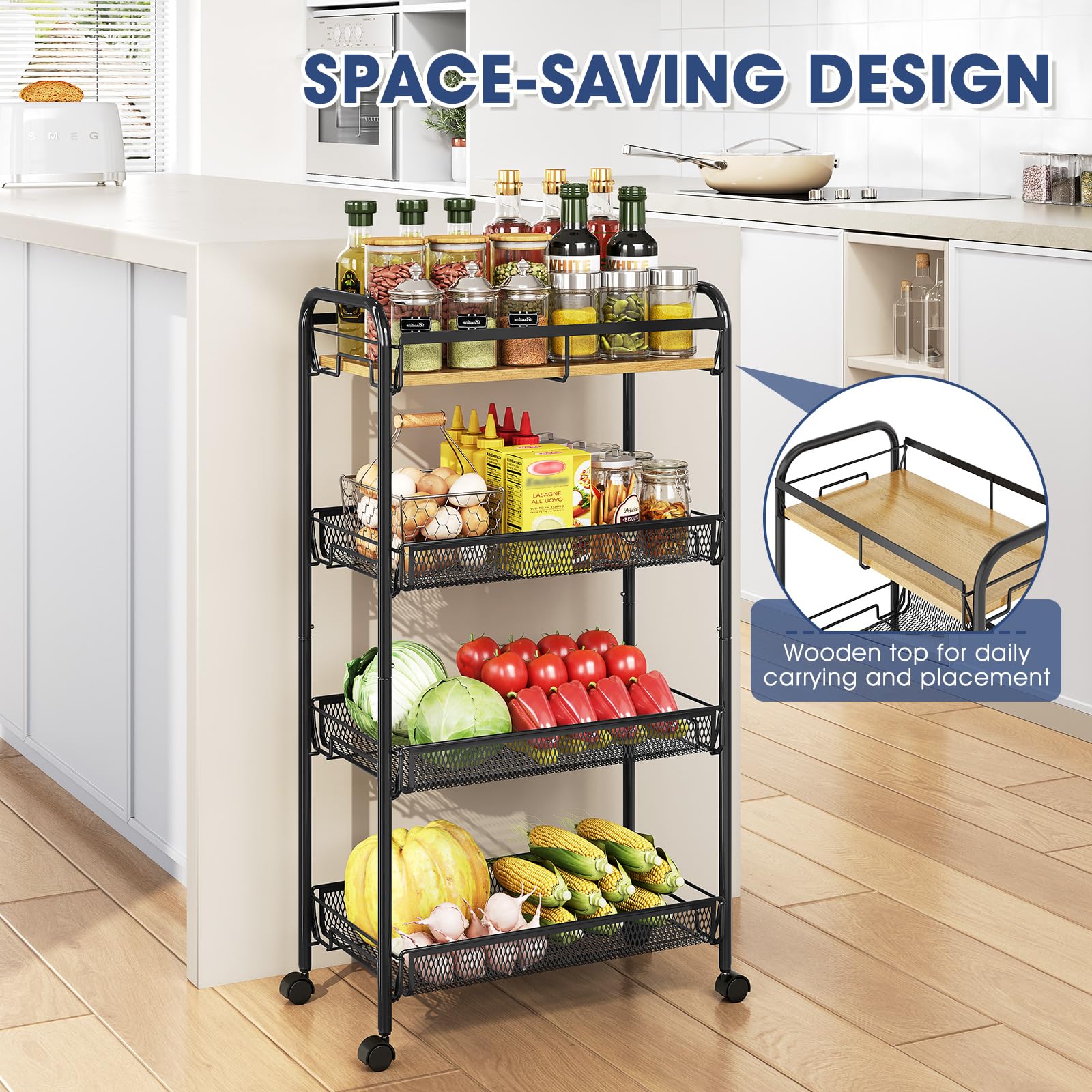KINGRACK 4-Tier Rolling Cart with Wooden Tabletop & Mesh Baskets, Slide Out Metal Utility Cart