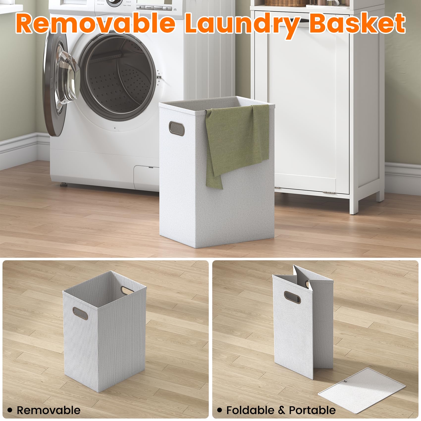 Feonase Compact Bathroom Cabinet with Detachable Laundry Hamper, Narrow Freestanding Storage Unit with 3 Open Shelves for Bathroom, Laundry Room