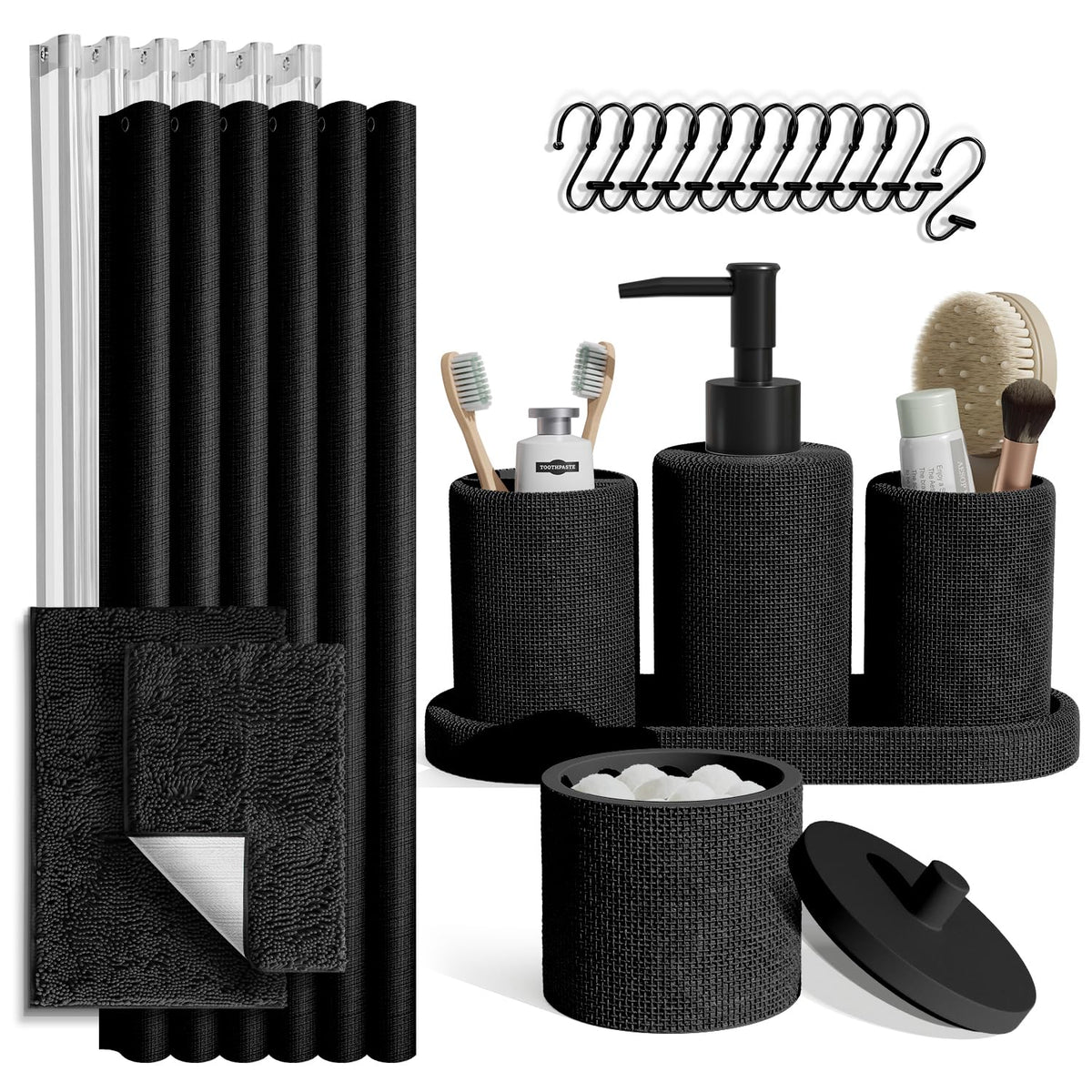 Clara Clark Black Bathroom Set - Bathroom Sets with Shower Curtain and Rugs, 21PC Bathroom Accessory Set