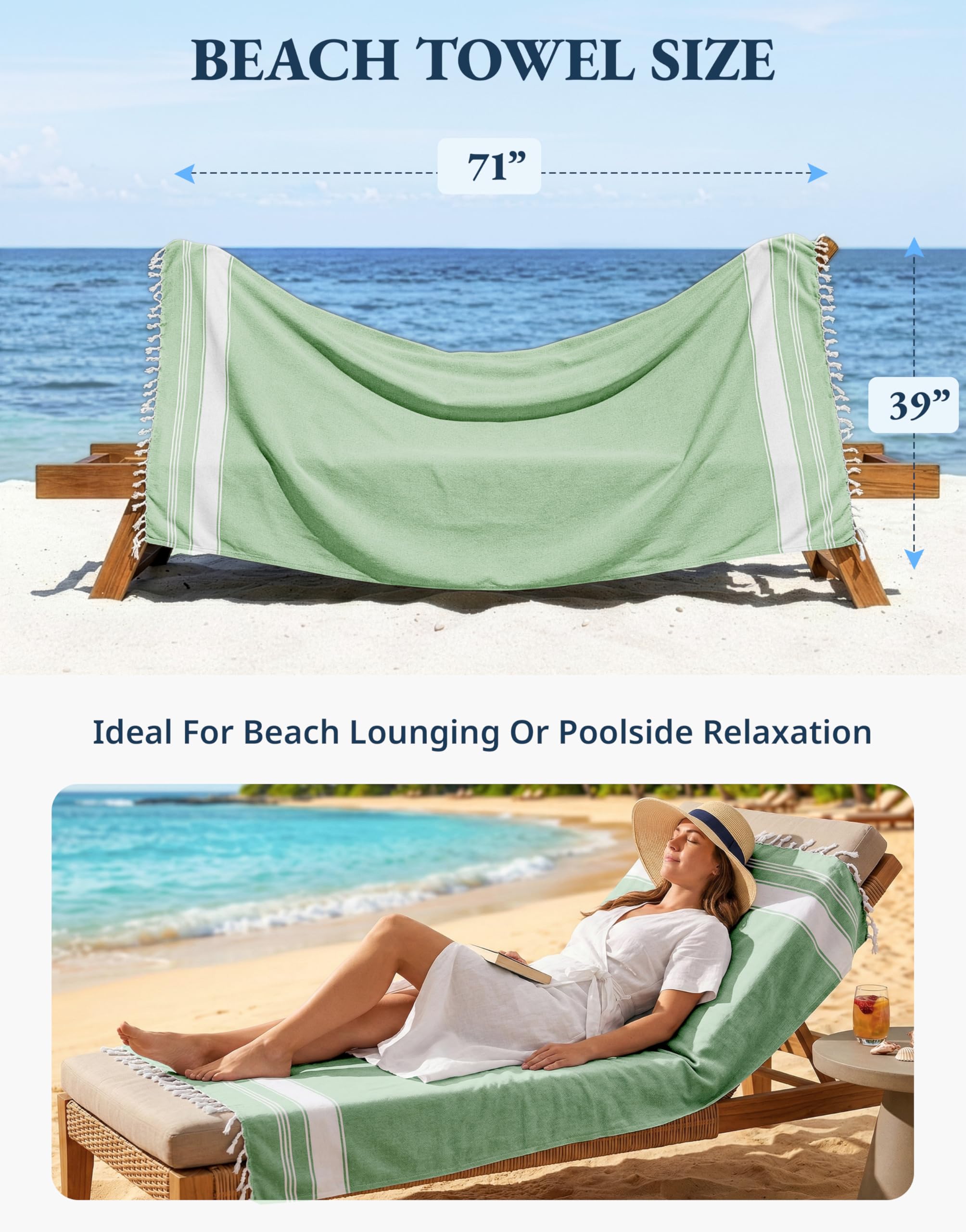LANE LINEN Turkish Beach Towels, 2 Pack Extra Large Beach Towel, Pre-Washed for Soft Feel, Cotton Rich Oversized Sand Free Quick-Dry Pool Towel