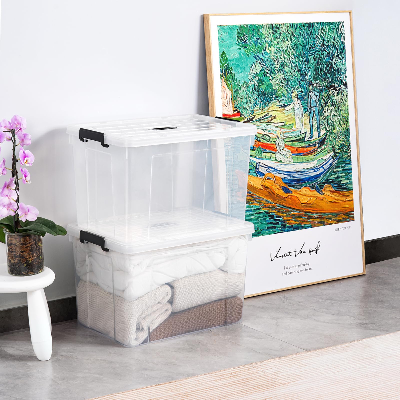 Cetomo 90L*3 Storage Boxes, Carry Plastic Storage Box with Lids, Clear Organizing Container with Handle and Secure Latches